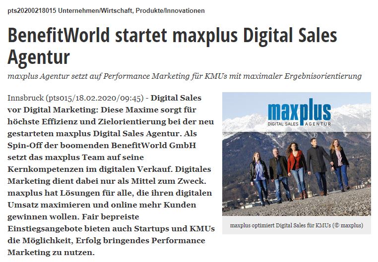 BenefitWorld startet maxplus Digital Sales Agentur BenefitWorld startet maxplus Digital Sales Agentur