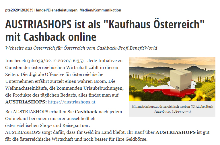 AUSTRIASHOPS ist als "Kaufhaus Österreich" mit Cashback online