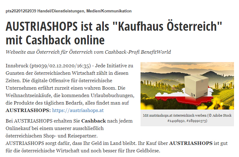 AUSTRIASHOPS ist als "Kaufhaus Österreich" mit Cashback online AUSTRIASHOPS ist als "Kaufhaus Österreich" mit Cashback online